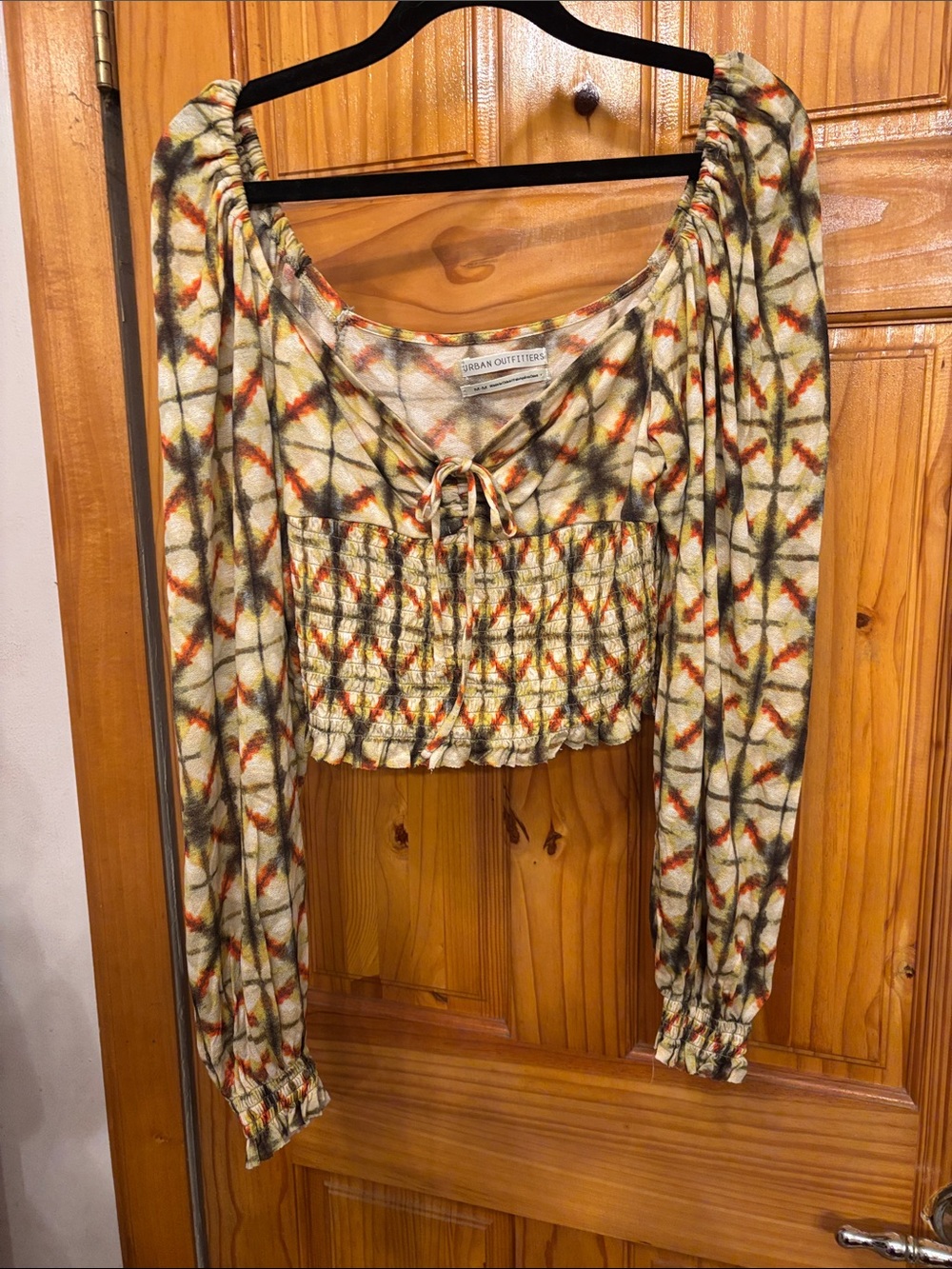 Urban Outfitters Cream Multi-Color Tie-Front Smocked Crop Top